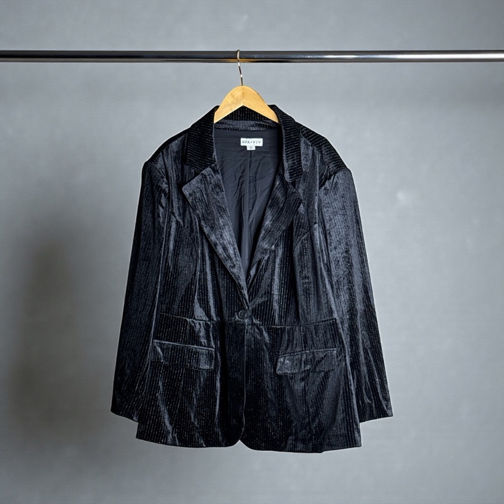 Women's Velvet Blazer - Ava & Viv Metallic Black Pinstripe 3X